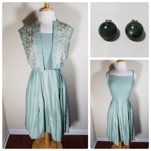 Paul Sachs Vintage Green Sundress Shrug & Earrings - Picture 1 of 8